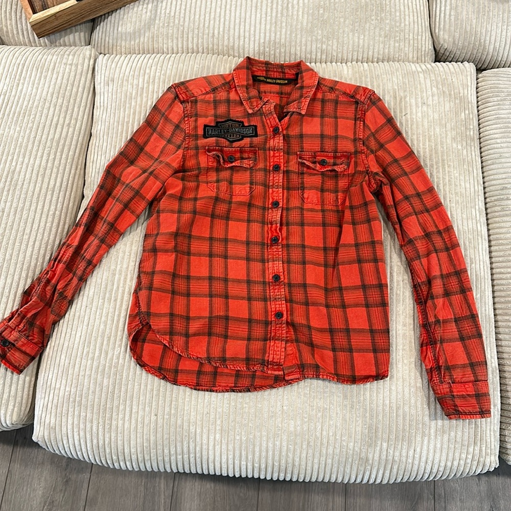 HARLEY DAVIDSON Orange & Black Patchwork Flannel Sz S